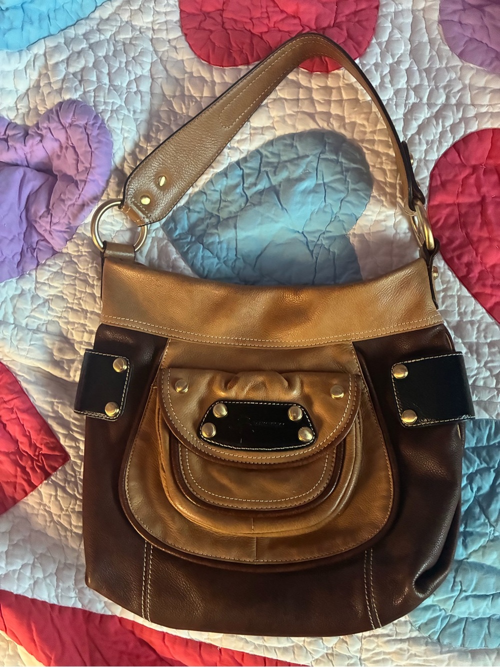 B. Makowsky Two Toned Brown Leather Bag with Leopard Bag Liner